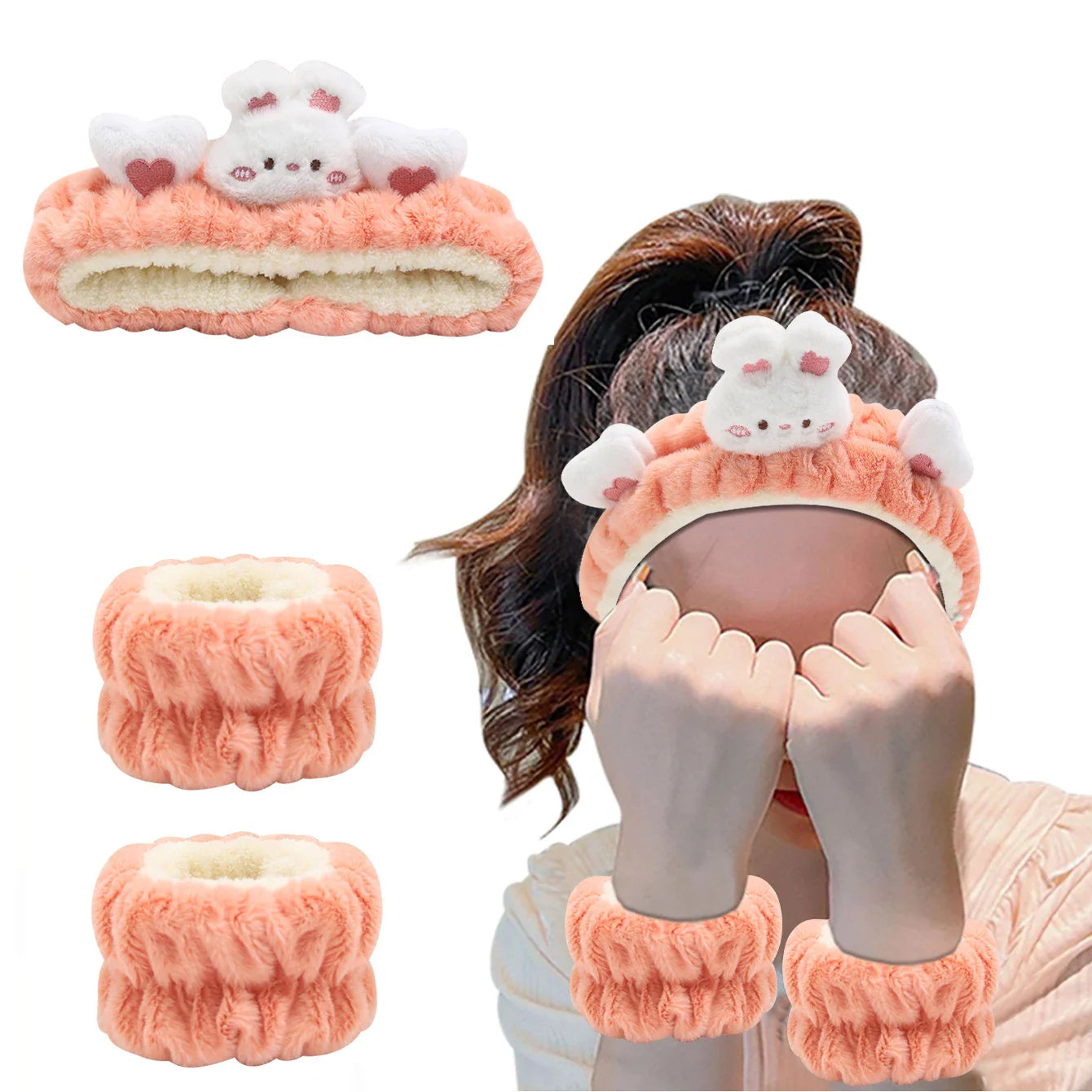3Pcs Set Makeup Headband Wristband Set Cute Animal Face Wash Cleaning Spa Hairhand for Women